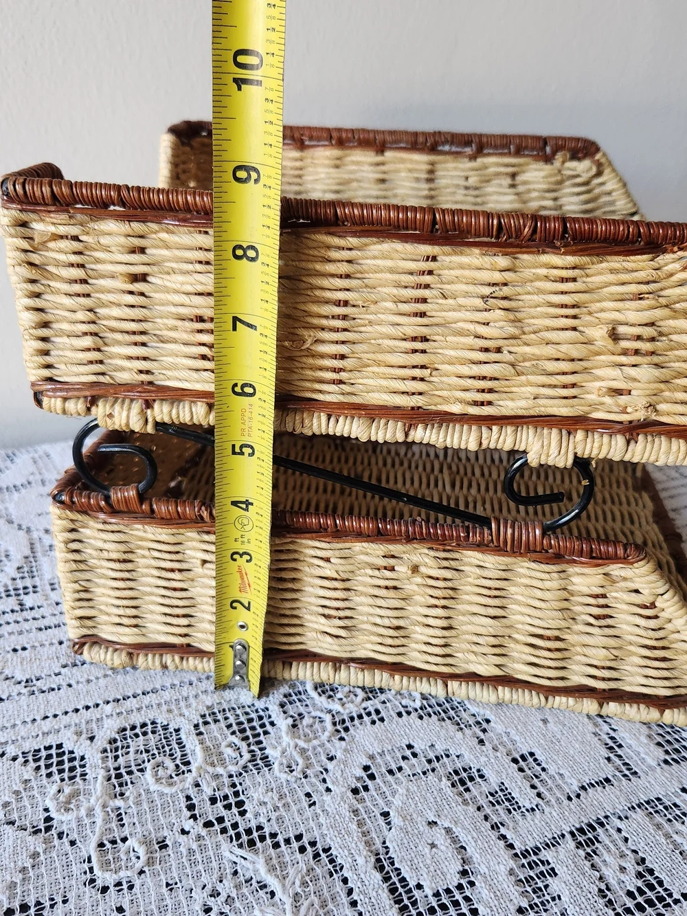 Woven Two-Tier Rattan Desk Organizer in Natural and Dark Brown